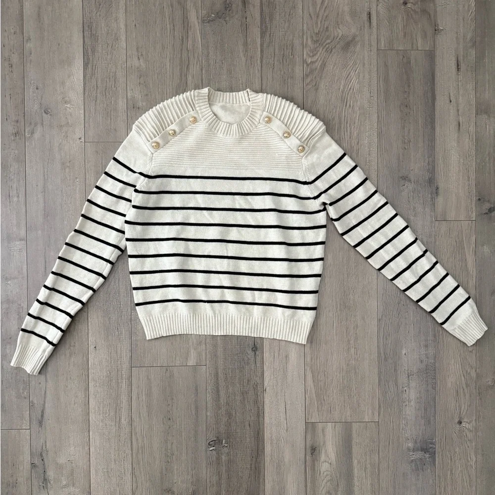 Striped Cream and Black Striped Sweater with Gold Button Accent - Picture 2 of 7